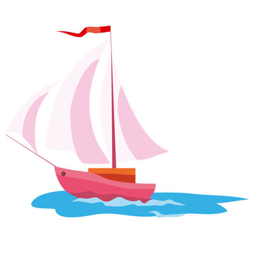 boat with pink sails, lifeboat, cartoon illustration, isolated object on white background, vector,
