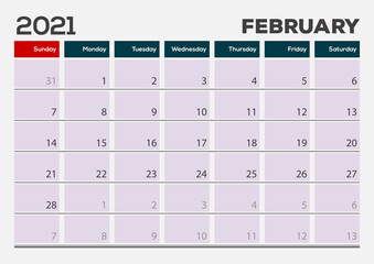 February 2021. Calendar planner design template. Week starts on Sunday