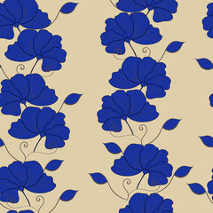 Vector seamless pattern with floral, repeating element. Pattern with a blue flower on a beige background. Use in textiles, clothing, wallpaper, design, baby backgrounds, wrapping paper.