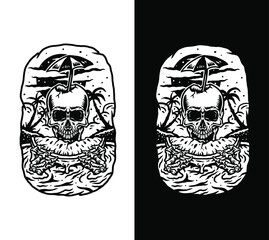 Skeleton eating watermelon, summer beach t shirt graphic design, isolated on dark and bright background