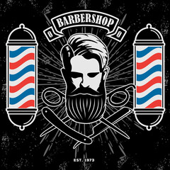 Barbershop logo, poster or banner design concept with barber pole and bearded men. Vector illustration