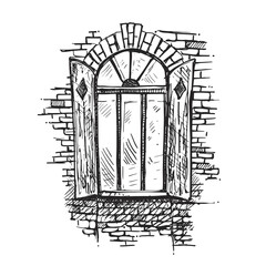 Hand drawn sketch black and white of vintage window. Vector illustration. Elements in graphic style label, card, sticker, menu, package.