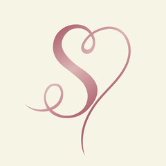 Letter S logo with line-art heart shape.Elegant, feminine calligraphic sign.Lettering icon with uppercase initial in copper metallic color isolated on light background.Boutique, wedding style.