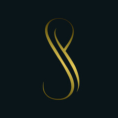 Letter S logo.Uppercase alphabet initial.Typographic logo in golden color isolated on dark background.Calligraphic lettering icon.Luxury, beauty, decorative, elegant, high-end style.