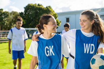 Girls in sport uniform celebrating football game victory