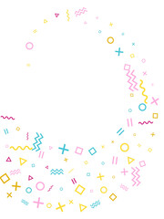 Memphis style geometric confetti background with triangle, circle, square, zigzag and wavy line
