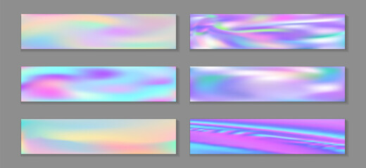 Fototapeta premium Neon holo hipster banner horizontal fluid gradient princess backgrounds vector set. Iridescent 