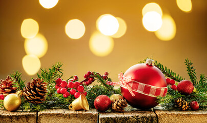 Festive Christmas decoration on wooden table.