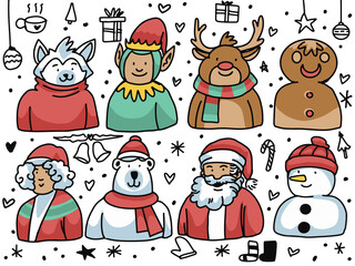 Christmas character doodle icon set. Vector Illustration