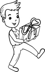 Young boy walking and carrying a present. Coloring Page Outline Of cartoon boy with present. Coloring book for kids.