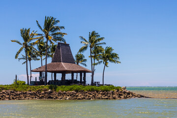 Beach and palm trees over the clear blue sky In Kota Kinabalu Beach, Sabah, Malaysia