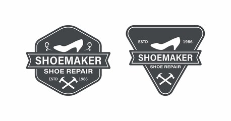 Set of black and white illustrations of shoes, crossed hammers, patterns, text on a white background. Vector illustration for logo, emblems, stickers. Shoemaker's workshop. Shoemaker repair services.