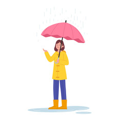 Cute Woman Standing Under Rain With Umbrella Illustration