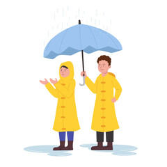 Two Kids Wearing Raincoat Standing Under Rain With Umbrella