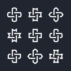 Set of Logo Icons for Business Cards. Complex Geometric Contemporary Elements. Abstract Shape Geometric Ornaments Isolated on Black