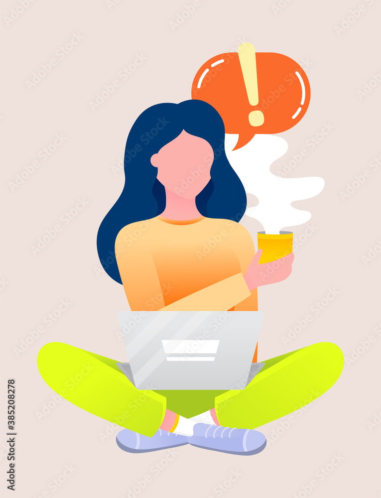 Poster female character working on laptop developing project. manager with computer, freelancer with cup of