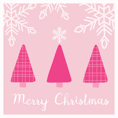 Cute Merry Christmas greeting card with handwritten lettering. Beautiful snowflakes and pink plaid trees illustration. Vector design element. Great for stickers, labels, tags, and icons.