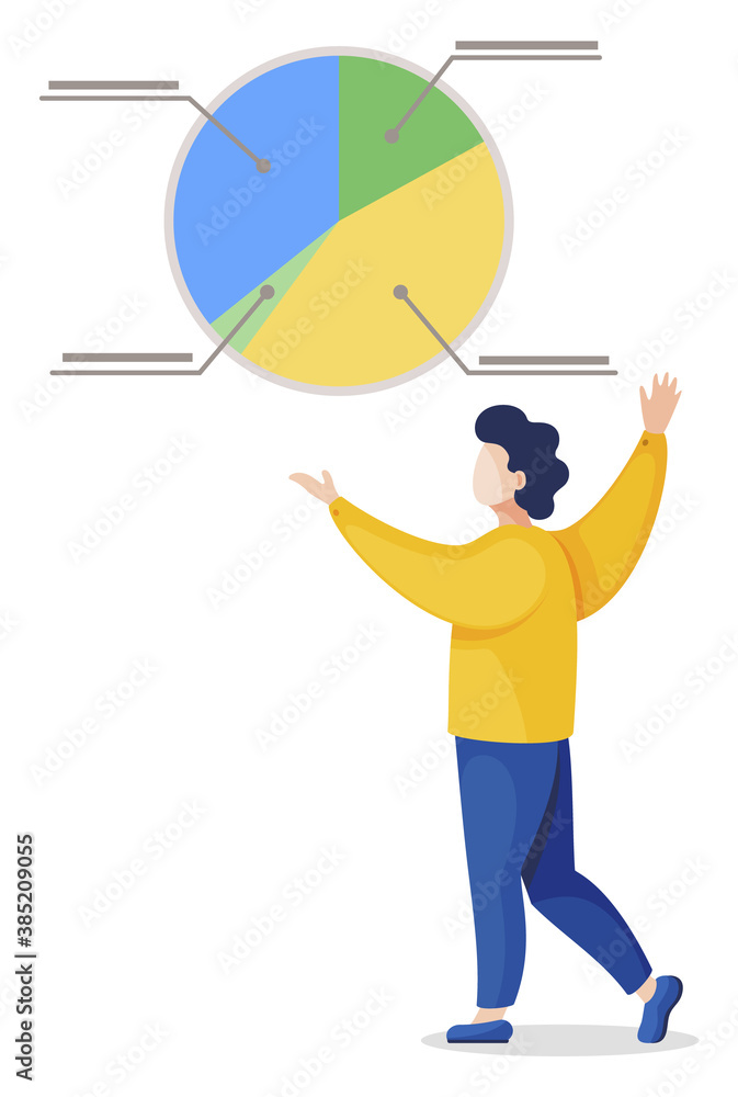 Poster man standing alone and looking on chart. icon of diagram with colorful segments and captions. analyt
