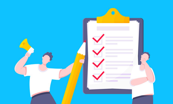 Task done business concept with tiny person with megaphone, pencil nearby giant clipboard complete checklist and check mark ticks flat style design vector illustration isolated on blue background.