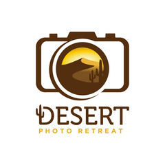Camera with desert mountain illustration on the lens, Desert Photography Logo Icon vector design