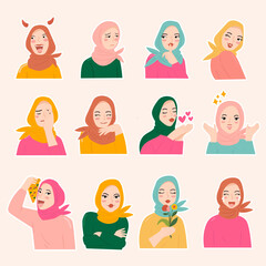 various muslim woman wear hijab in different expression. Sticker set face.