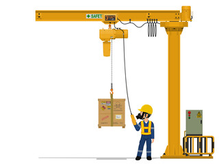 A worker is lifting hazardous material by jib crane.