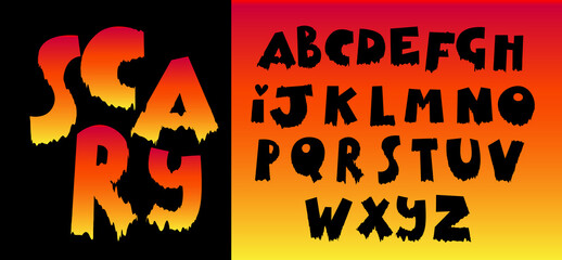 Bloody vampire alphabet. Vector font, latin letters in black color dripping liquid. Funny children s type for Halloween, design of terrible parties with monsters, crime. Vector