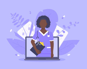 Online doctor medical service concept with doctor in the laptop vector illustration. Telemedicine web consultation for patients health care check ups and taking medicine prescription pills.