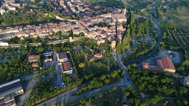 Aerial view of Bagno Vignoni a village in Val D'orcia. Spas, nature and a beautiful landscape