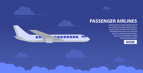 Passenger airlines.Sky airplane.Jet plane.Aviation airliner.Poster flat vector.Travel concept. Banner for the website of the travel company.