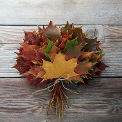 Naklejka na ściany i meble Bouquet or bunch made from colorful autumn leaves isolated on wooden background. Autumn, fall, thanksgiving day, nature concept. Flat lay, top view, copy space..