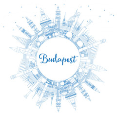 Outline Budapest Hungary City Skyline with Blue Buildings and Copy Space.