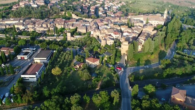 Aerial view of Bagno Vignoni a village in Val D'orcia. Spas, nature and a beautiful landscape