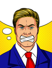 Color vector pop art comic style man with a sealed mouth. An attractive man in a suit cannot speak.