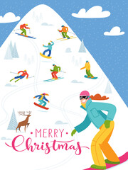 Ski resort poster with people doing winter sports.