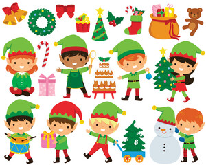 Obraz na płótnie Canvas Christmas elves clipart set. Cute Santa’s elves in different poses and a collection of Christmas illustrations.