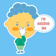emoticon expressing watching you gesture with fingers pointing to eyes, funny cartoon character with simplistic facial expression, boy emoji