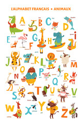Fototapeta na wymiar French language alphabet poster with cartoon animals