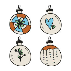 Obraz premium Set of hand drawn colorful christmas tree balls isolated on a white background. Doodle, simple outline illustration. It can be used for decoration of textile, paper and other surfaces.