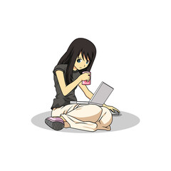 Illustration Of A Girl Staring At A Laptop And Carrying A Glass