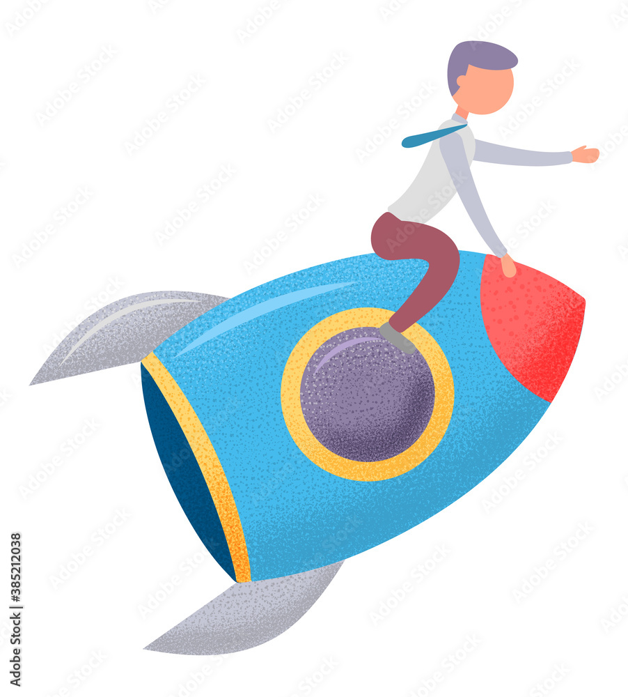Poster launch of rocket with man sitting on it. spaceship and office worker isolated on white. businessman 