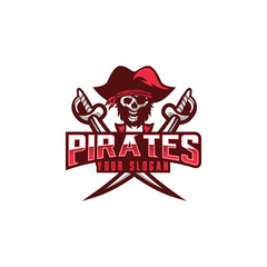 Pirate Skull and Crossed Sabers Badge Logo for Sport Team In Red Version