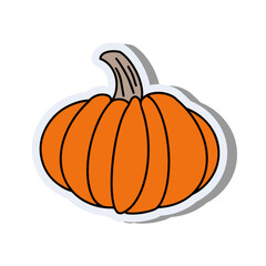 Pumpkin in a flat style. Pumpkin sticker isolated on white background. Good for postcards, banners and social media design. Vector.