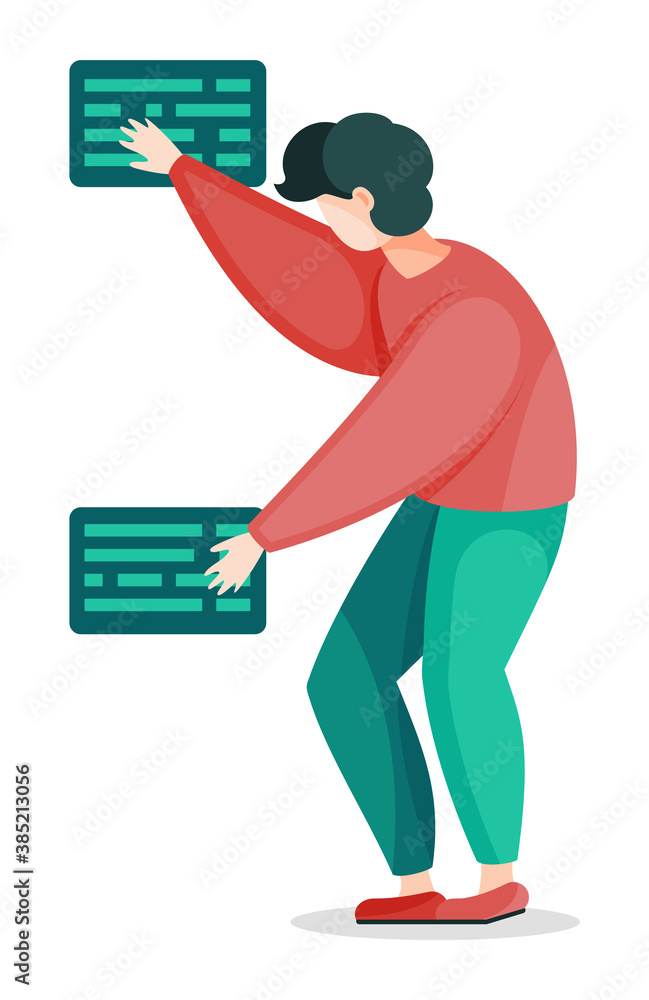 Poster person with text information profile, blogs. man with chats. man work with text and answer on questi