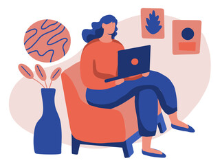 Woman Work from home concept, freelance Girl works on a laptop, self isolation. Vector illustration