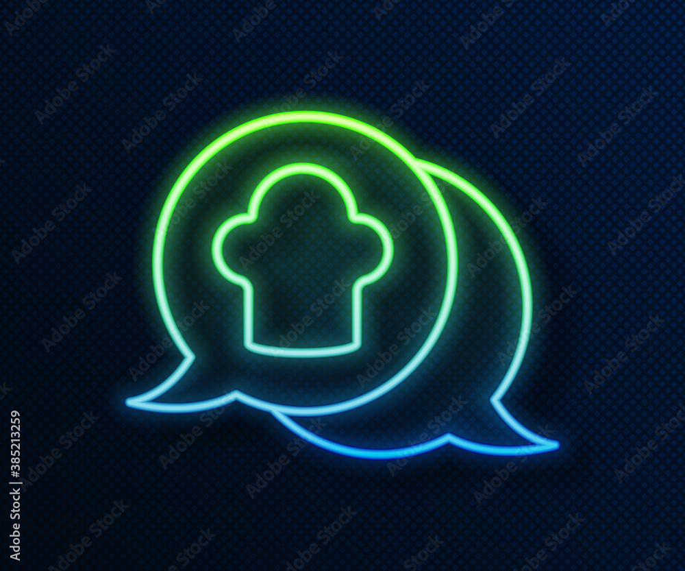 Sticker glowing neon line chef hat in speech bubble icon isolated on blue background. cooking symbol. cooks 