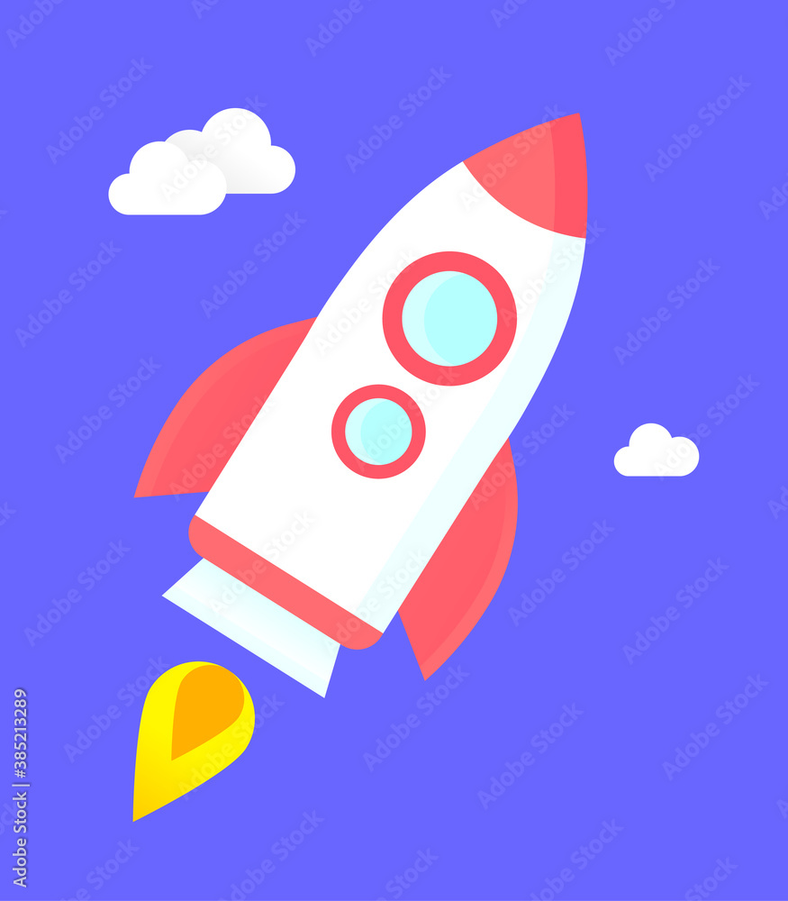 Poster launch of rocket into open space or orbit. engineering tool, inventory for space travels and cosmos 