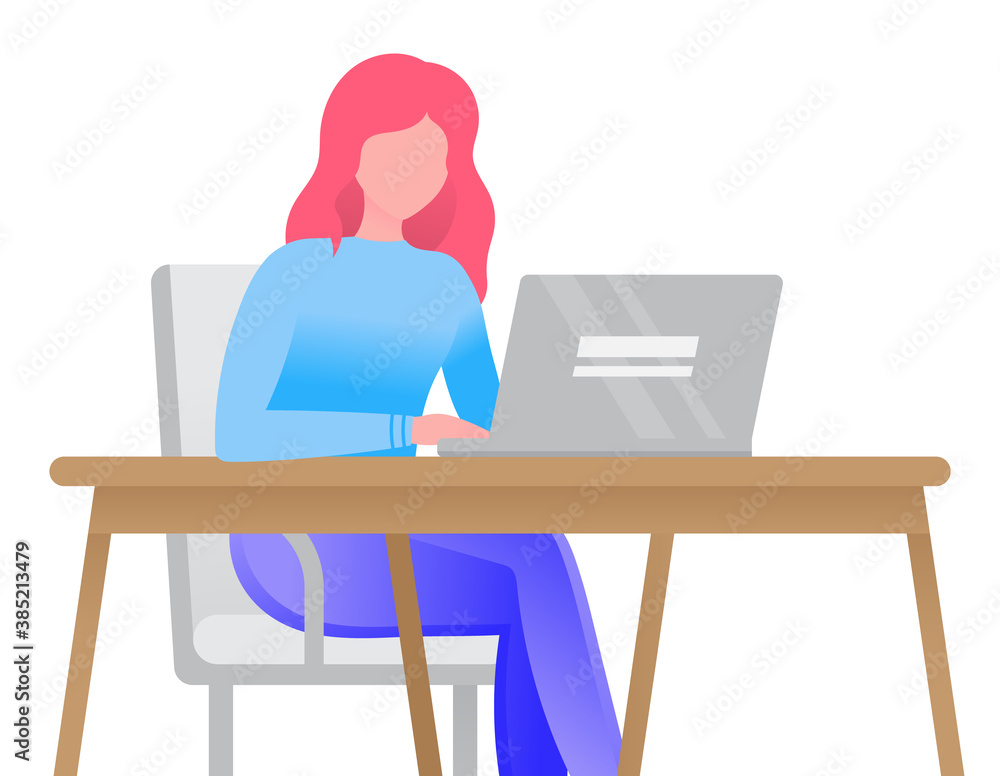 Poster freelancer woman working on laptop completing tasks. isolated worker of company dealing with develop