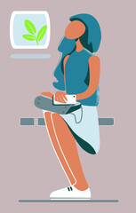 seated girl, a passenger or a visitor in the waiting, the character in flat style