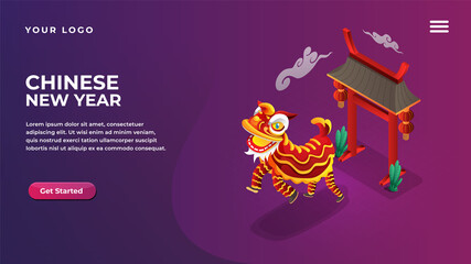 Isometric Chinese new year lion dance concept for website and mobile apps landing page